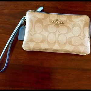 Coach wallet tan and blue double zip